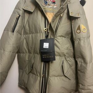 Moose Knuckles Olive Puffer Jacket with Gold Details